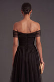 Off the Shoulder A Line Pleated Black Long Formal Dress