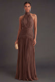 Dark Coffee Pleated A Line Halter Neck Long Formal Dress