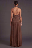 Dark Coffee Pleated A Line Halter Neck Long Formal Dress