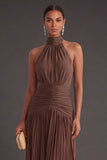 Dark Coffee Pleated A Line Halter Neck Long Formal Dress