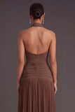 Dark Coffee Pleated A Line Halter Neck Long Formal Dress