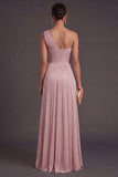 Dusty Rose One Shoulder Pleated Long A Line Formal Dress with Slit