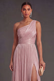 Dusty Rose One Shoulder Pleated Long A Line Formal Dress with Slit