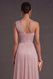 Dusty Rose One Shoulder Pleated Long A Line Formal Dress with Slit