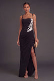 Floral Mermaid Ruched Appliqued Black Long Formal Dress with Slit