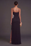 Floral Mermaid Ruched Appliqued Black Long Formal Dress with Slit
