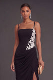 Floral Mermaid Ruched Appliqued Black Long Formal Dress with Slit