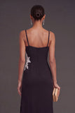 Floral Mermaid Ruched Appliqued Black Long Formal Dress with Slit