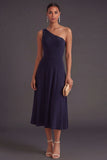 Navy A Line One Shoulder Midi Formal Dress