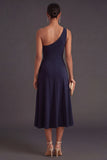 Navy A Line One Shoulder Midi Formal Dress