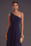 Navy A Line One Shoulder Midi Formal Dress