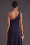 Navy A Line One Shoulder Midi Formal Dress