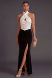 Black and White Ruched Halter Neck Long Formal Dress with Slit