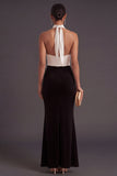 Black and White Ruched Halter Neck Long Formal Dress with Slit