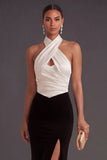 Black and White Ruched Halter Neck Long Formal Dress with Slit