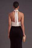 Black and White Ruched Halter Neck Long Formal Dress with Slit