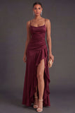 Burgundy Ruffled Ruched Long Formal Dress with Slit