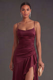 Burgundy Ruffled Ruched Long Formal Dress with Slit