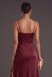 Burgundy Ruffled Ruched Long Formal Dress with Slit
