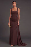 Thick Straps Reddish Brown Mermaid Long Ruched Formal Dress with Drape