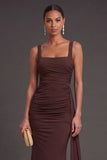 Thick Straps Reddish Brown Mermaid Long Ruched Formal Dress with Drape