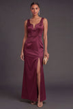 Satin Burgundy Mermaid V Neck Long Formal Dress with Slit