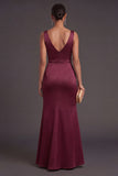 Satin Burgundy Mermaid V Neck Long Formal Dress with Slit