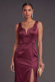 Satin Burgundy Mermaid V Neck Long Formal Dress with Slit
