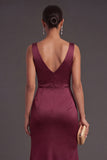 Satin Burgundy Mermaid V Neck Long Formal Dress with Slit