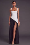 A Line Black and White Pleated Long Formal Dress with Slit