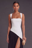 A Line Black and White Pleated Long Formal Dress with Slit