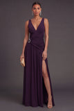 Plum A Line V Neck Ruched Long Formal Dress with Slit