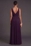 Plum A Line V Neck Ruched Long Formal Dress with Slit