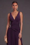 Plum A Line V Neck Ruched Long Formal Dress with Slit