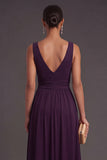 Plum A Line V Neck Ruched Long Formal Dress with Slit