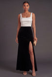 Mermaid Black and White Satin Thick Straps Long Formal Dress with Slit