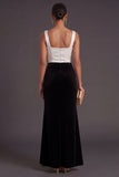 Mermaid Black and White Satin Thick Straps Long Formal Dress with Slit