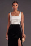 Mermaid Black and White Satin Thick Straps Long Formal Dress with Slit