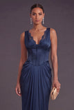 Corset Navy Mermaid Ruched Long Formal Dress