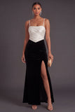 Black and White Mermaid Spaghetti Straps Ruched Long Formal Dress with Slit