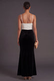 Black and White Mermaid Spaghetti Straps Ruched Long Formal Dress with Slit