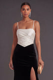 Black and White Mermaid Spaghetti Straps Ruched Long Formal Dress with Slit