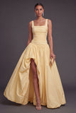 A Line Daffodil Thick Straps Long Formal Dress with Slit