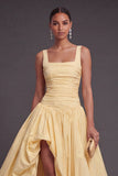 A Line Daffodil Thick Straps Long Formal Dress with Slit