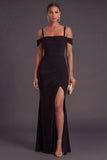 Black Mermaid Cold Shoulder Ruched Long Formal Dress with Slit
