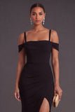 Black Mermaid Cold Shoulder Ruched Long Formal Dress with Slit