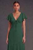 High Low Dark Green V Neck Ruffled Formal Dress