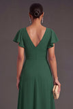 High Low Dark Green V Neck Ruffled Formal Dress