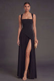A Line Black Thick Straps Long Formal Dress with Slit