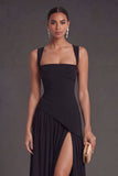 A Line Black Thick Straps Long Formal Dress with Slit